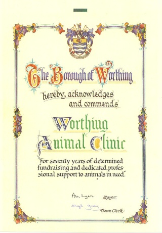 The charity's 2001 Worthing New Year's Honour for determined fund-raising and dedicated support to animals in need